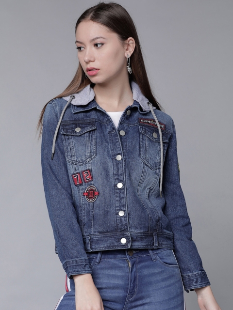

Tokyo Talkies Women Blue Solid Hooded Denim Jacket