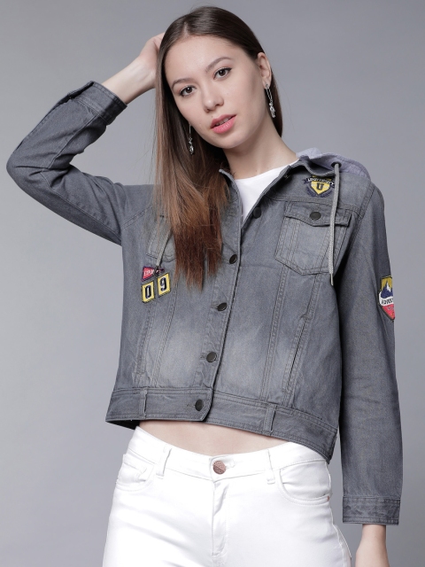 

Tokyo Talkies Women Grey Solid Hooded Denim Jacket