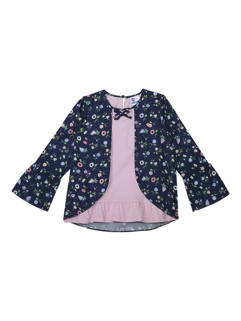 

612 league Girls Navy Blue Printed Boxy Top