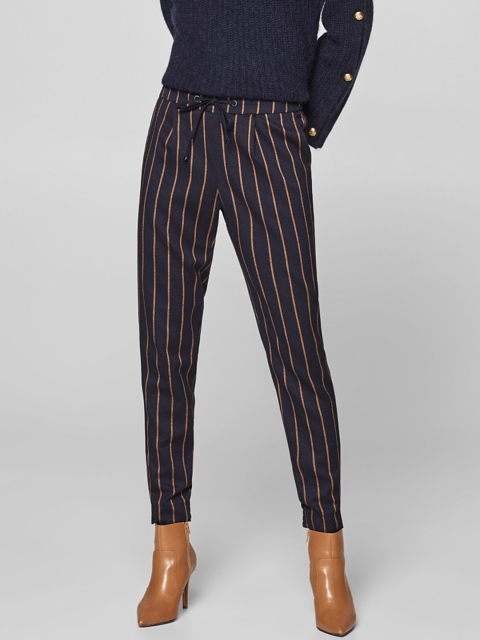 

ESPRIT Women Navy Blue & Brown Regular Fit Striped Joggers