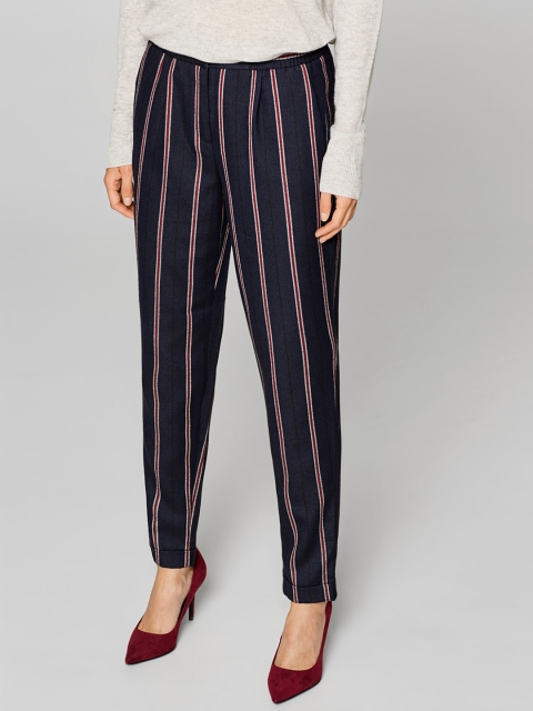 

ESPRIT Women Navy Blue & Maroon Regular Fit Striped Regular Trousers
