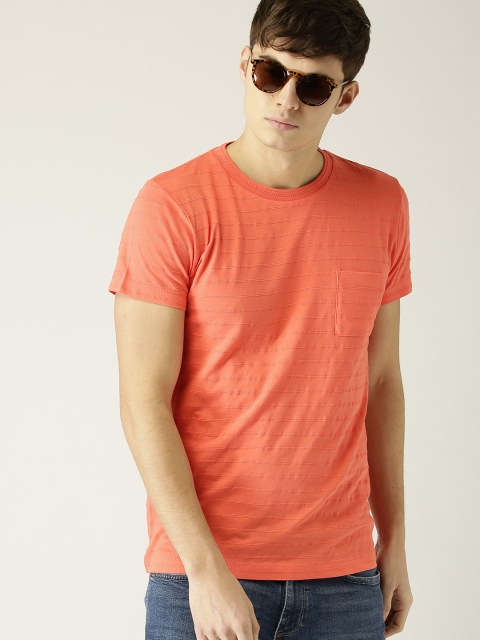 

ESPRIT Men Coral Orange Self-Striped Round Neck T-shirt