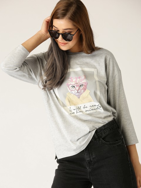 

ESPRIT Women Grey Melange Printed Round Neck T-shirt
