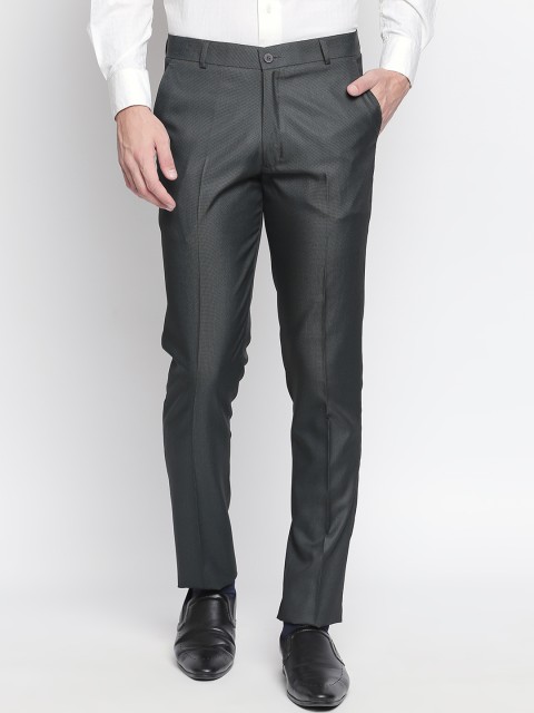 

Solemio Men Charcoal Slim Fit Self Design Formal Trousers