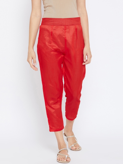 

PANIT Women Red Regular Fit Solid Silk Cigarette Trousers