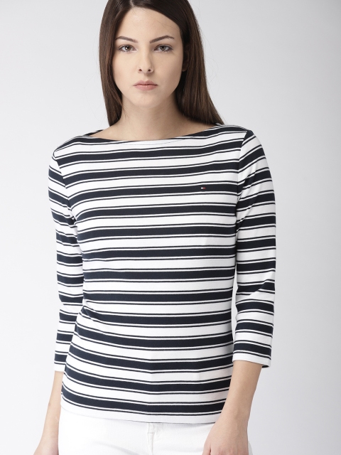 

Tommy Hilfiger Women Off-White & Navy Blue Striped Top