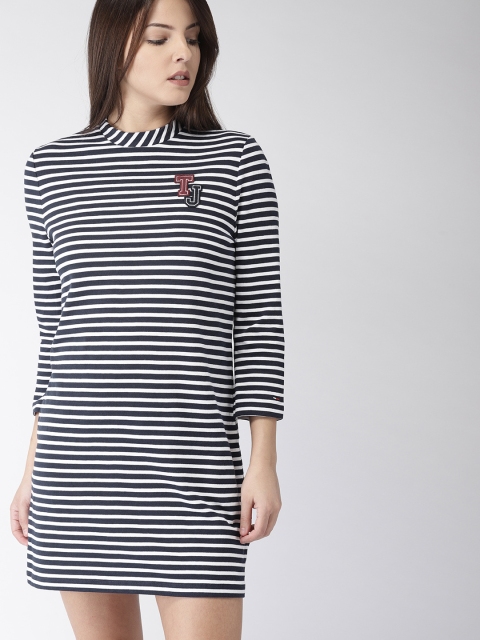 

Tommy Hilfiger Women White & Navy Blue Striped T-shirt Dress