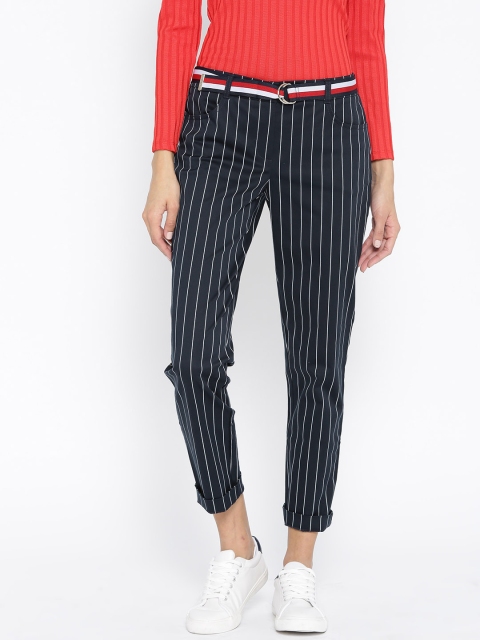

Tommy Hilfiger Women Navy Blue & White Regular Fit Striped Trousers