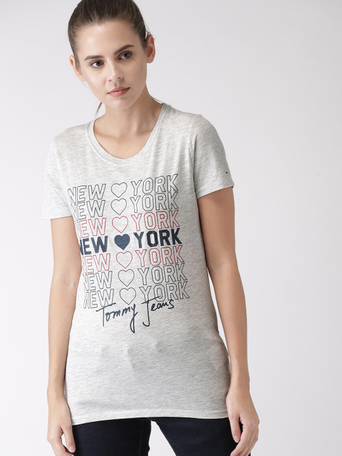 

Tommy Hilfiger Women Grey Printed Round Neck Pure Cotton T-shirt