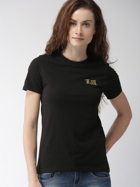 

FOREVER 21 Women Black Solid Round Neck T-shirt