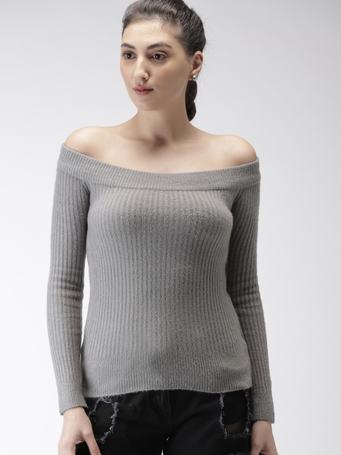 

FOREVER 21 Women Grey Solid Off-Shoulder Knitted Pullover
