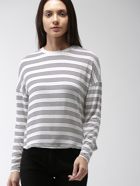 

FOREVER 21 Women White & Black Striped Round Neck T-shirt
