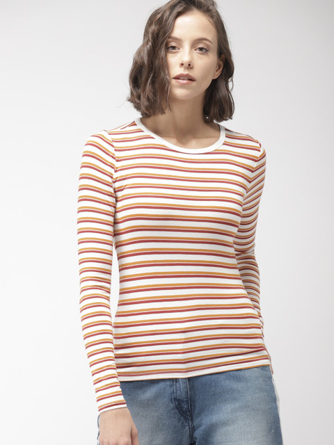 

FOREVER 21 Women Off-White Striped Round Neck T-shirt