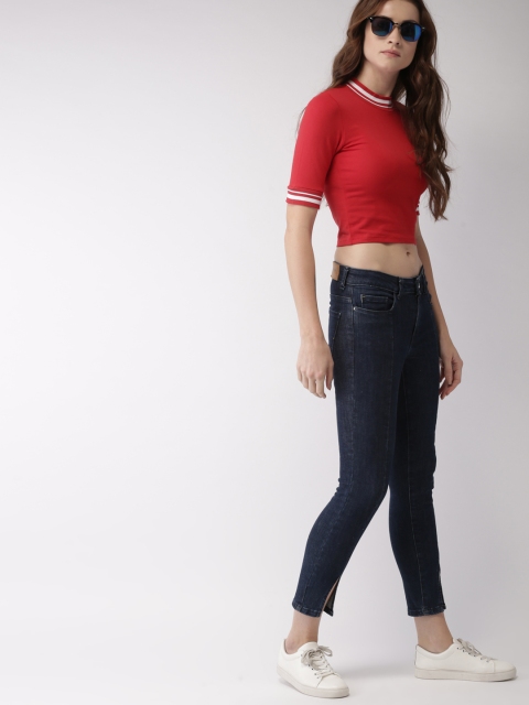 

FOREVER 21 Women Red Solid Cropped T-shirt