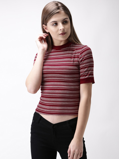 

FOREVER 21 Women Maroon & Off-White Striped Cropped Round Neck T-shirt