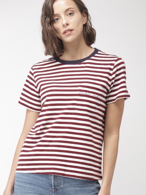 

FOREVER 21 White & Maroon Striped T-shirt