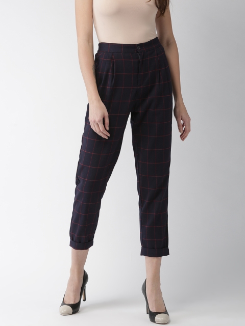 

FOREVER 21 Women Navy Blue Regular Fit Checked Regular Trousers