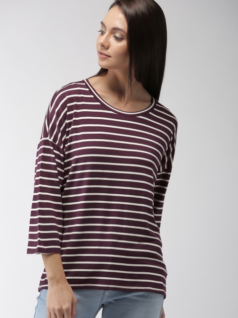 

FOREVER 21 Women Burgundy & White Striped Top