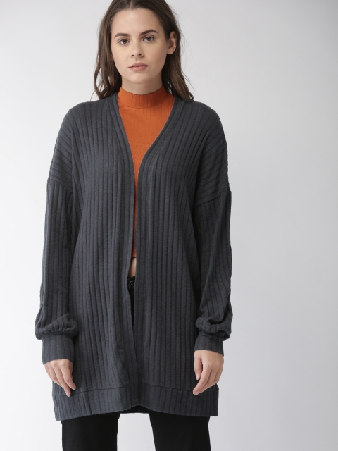 

FOREVER 21 Charcoal Grey Self Striped Open Front Shrug