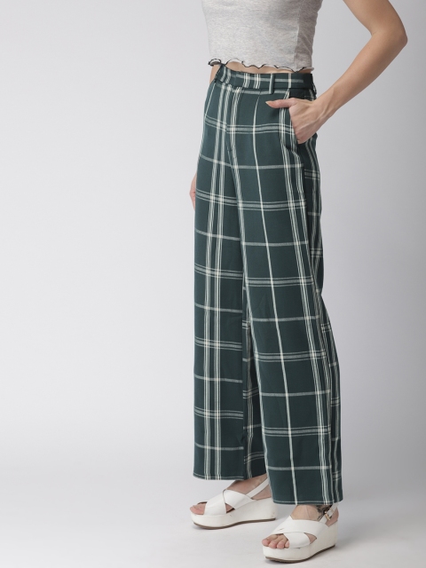

FOREVER 21 Women Green & Beige Flared Checked Parallel Trousers