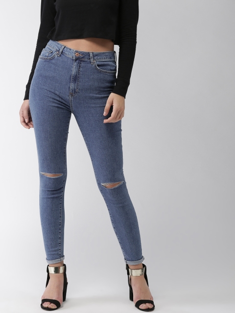 

FOREVER 21 Women Blue Skinny Fit High-Rise Slash Knee Stretchable Jeans
