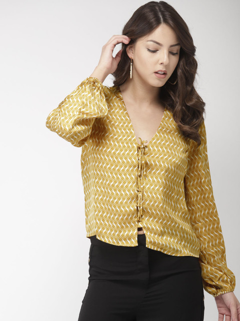 

FOREVER 21 Women Mustard Printed Lace-Up Top
