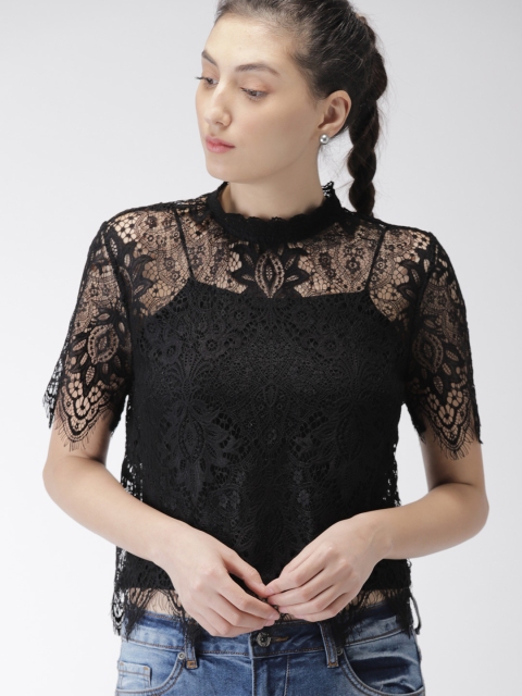 

FOREVER 21 Women Black Self Design Crop Fitted Top