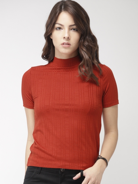 

FOREVER 21 Women Maroon Self Striped Round Neck T-shirt