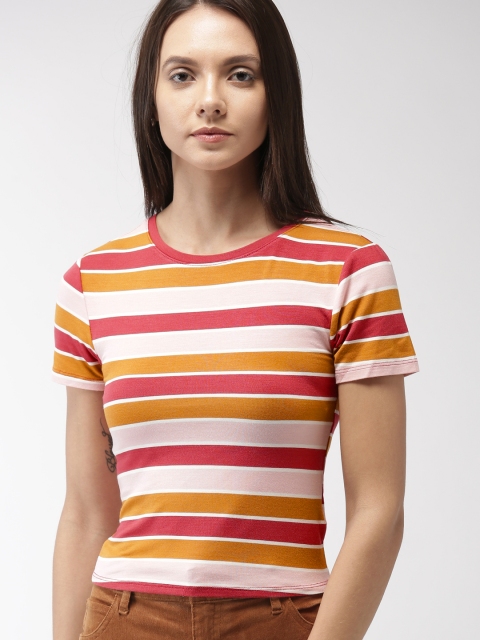 

FOREVER 21 Women Mustard Striped Round Neck T-shirt