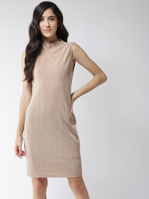 

FOREVER 21 Women Beige Solid Accordian Pleat Sheath Dress