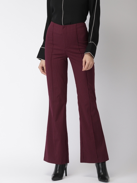 

FOREVER 21 Women Burgundy Regular Fit Striped Bootcut Trousers