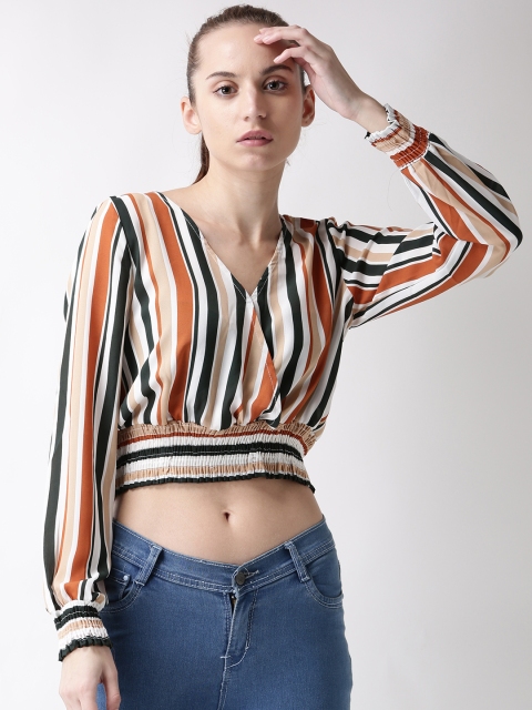 

FOREVER 21 Women Cream-Coloured & Green Striped Cropped Blouson Top