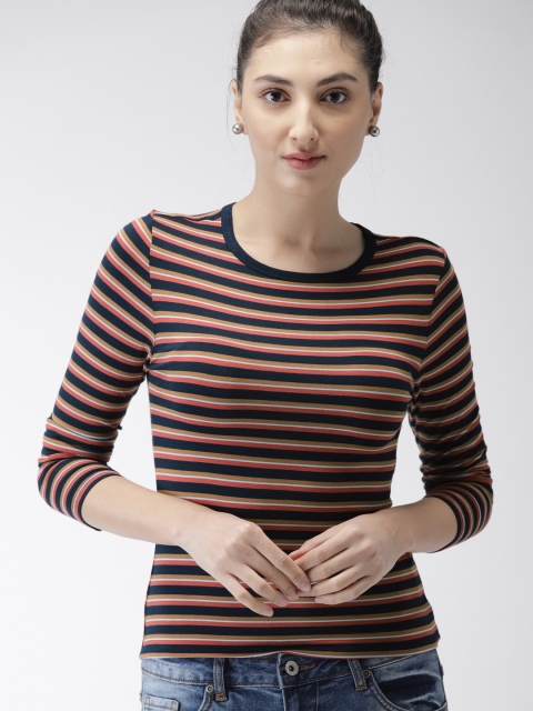 

FOREVER 21 Navy Blue & Mustard Yellow Striped T-Shirt