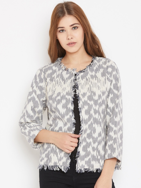 

I AM FOR YOU Women Off-White & Navy Blue Printed Tailored Jacket