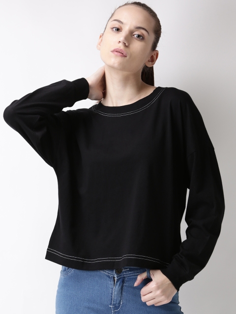 

FOREVER 21 Women Black Solid Round Neck Boxy Pure Cotton T-shirt