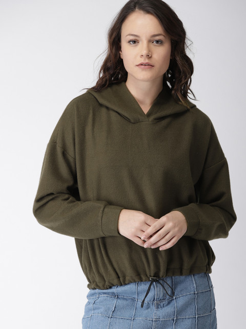 

FOREVER 21 Women Olive Green Solid Hooded Sweatshirt
