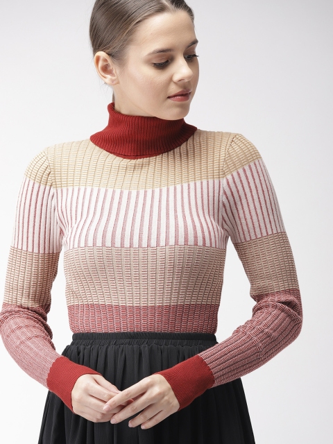 

FOREVER 21 Women Red & Beige Colourblocked Sweater