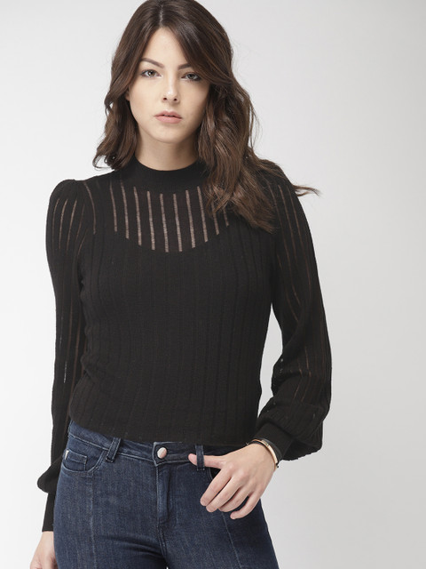 

FOREVER 21 Women Black-Coloured Solid Semi-Sheer Pullover Sweater