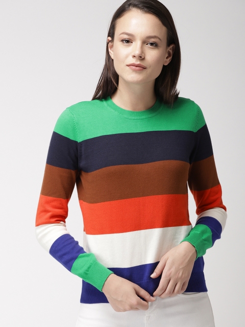 

FOREVER 21 Women Green & Navy Blue Striped Pullover