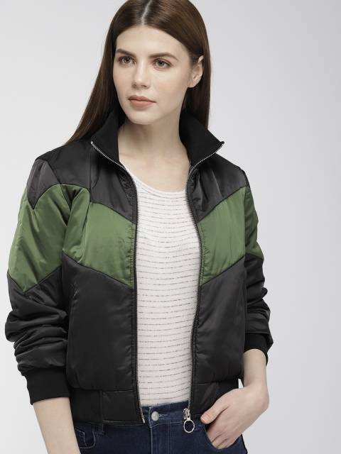 

FOREVER 21 Women Black & Olive Green Colourblocked Jacket
