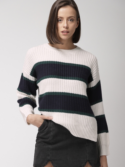 

FOREVER 21 Women Off-White & Navy Blue Striped Pullover