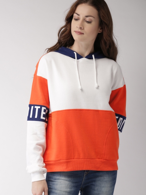 

FOREVER 21 Women White & Orange Colourblocked Sweatshirt