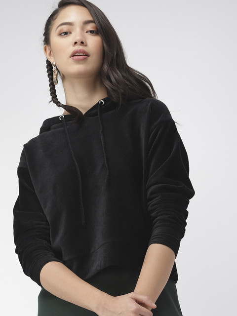 

FOREVER 21 Women Black Self Striped Hooded Sweatshirt