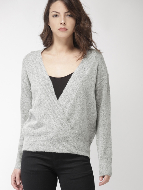

FOREVER 21 Women Grey Melange Solid Wrap Pullover