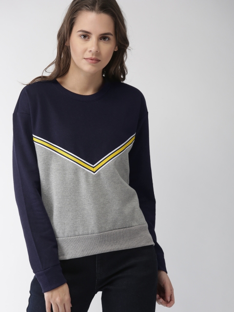 

FOREVER 21 Women Navy Blue & Grey Colourblocked Sweatshirt