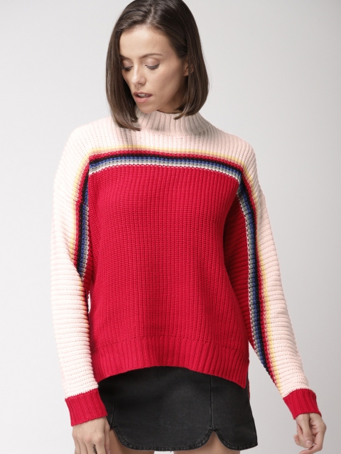 

FOREVER 21 Women Red & Cream-coloured Colourblocked Pullover