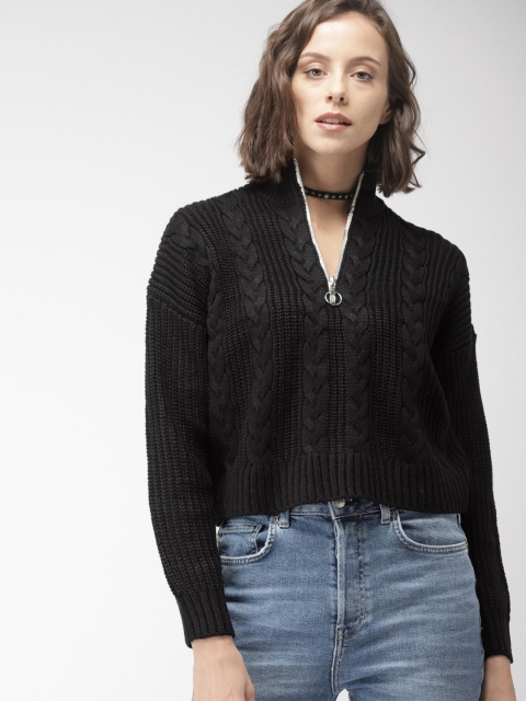 

FOREVER 21 Women Black Solid Front-Open Sweater
