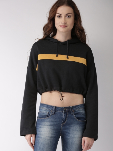 

FOREVER 21 Women Black Solid Hooded Sweatshirt