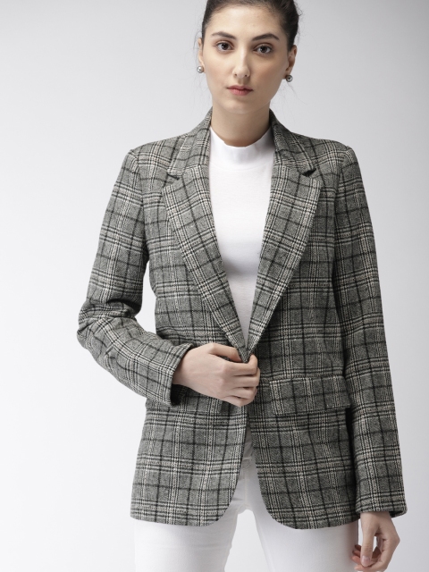 

FOREVER 21 Women Black & White Checked Front-Open Casual Blazer