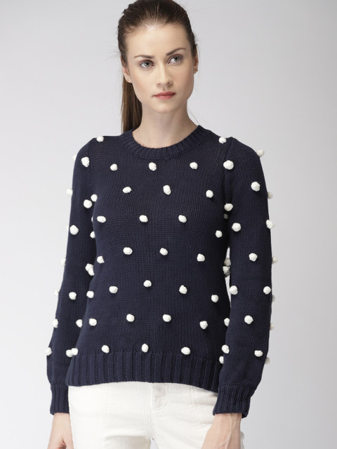 

FOREVER 21 Women Navy Blue & White Self Design Pullover